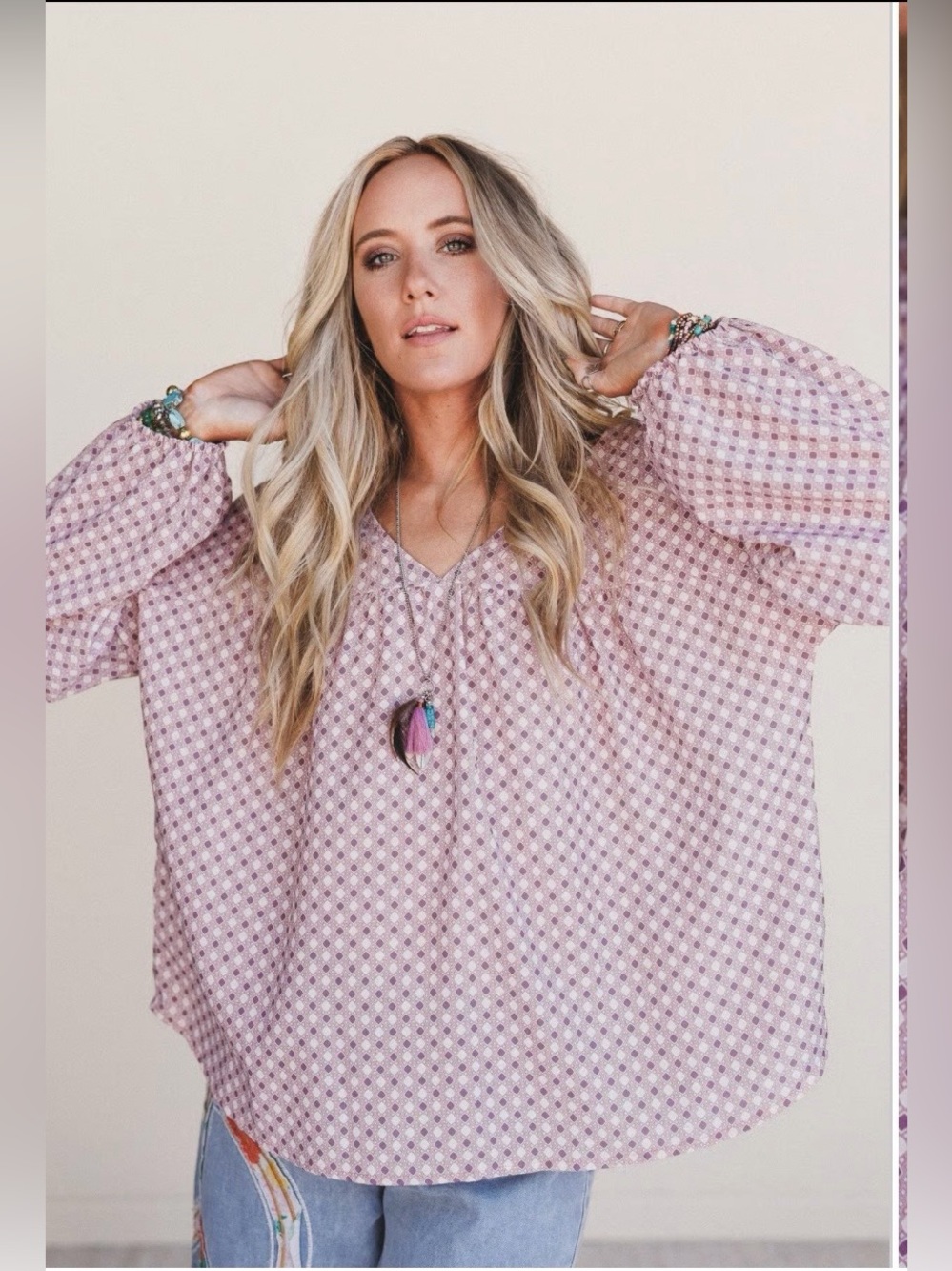 Three Bird Nest Light Pink Printed V-Neck Tunic